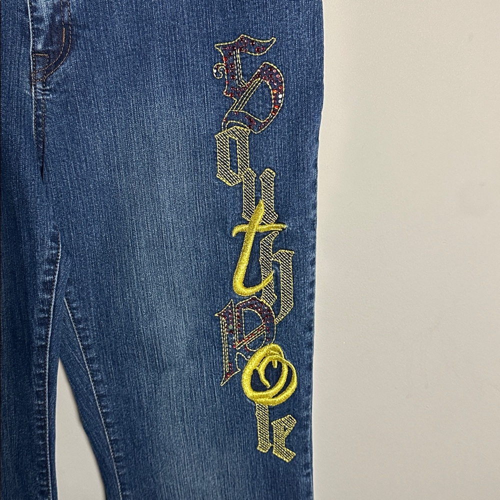 South Pole Women's vintage Dark Blue red and gold embroidered Flare Jeans